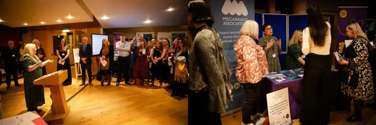 Photos from the Scottish Baby Loss Collaborative reception at the Scottish Parliament showing Vicki Robinson speaking and Lucy Graham speaking with attendees at Miscarriage UK stand.