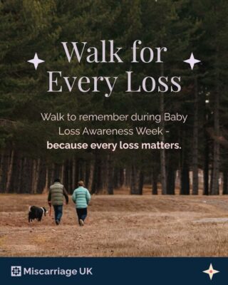 Two people walking through woodland for Miscarriage UK’s Walk for Every Loss during Baby Loss Awareness Week